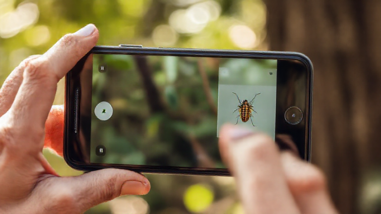Imagem de um inseto identificada por um aplicativo de smartphone, destacando tecnologia e biodiversidade.