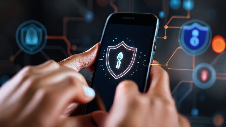 Imagem de um smartphone exibindo um aplicativo de antivírus com ícones de segurança digital, representando proteção cibernética.