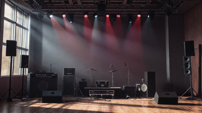 Imagem destacando um sistema de som com microfone Bluetooth ideal para karaokê, mostrando um ambiente de música ao vivo.