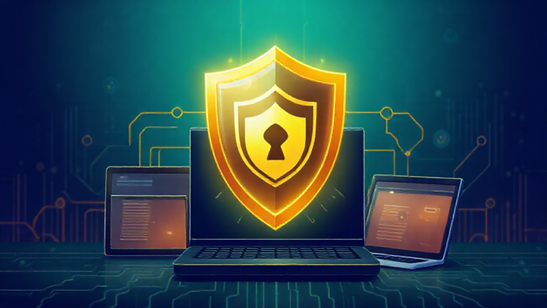 Imagem de um smartphone com ícones de segurança representando aplicativos de antivírus para iOS e Android.