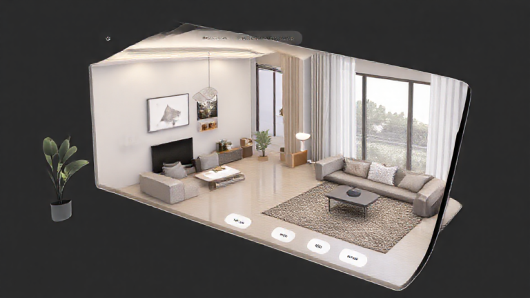 Imagem de um aplicativo de planta baixa residencial em uso, mostrando a criação de um design de interiores em um dispositivo móvel.