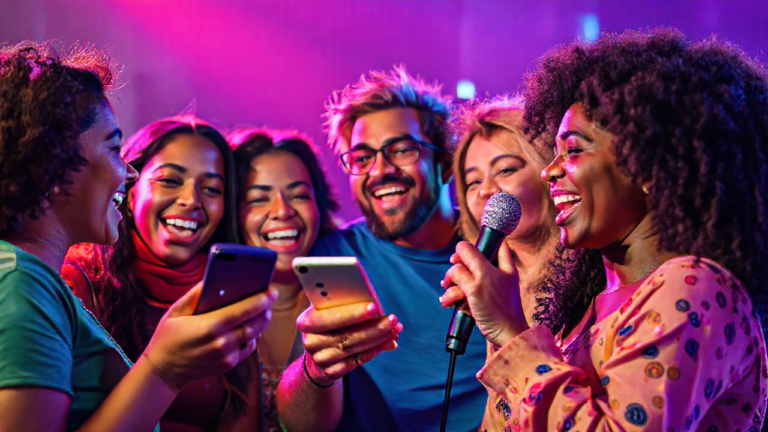 Imagem de uma pessoa usando um aplicativo de karaokê em um celular, destacando a gratuidade e opções musicais.