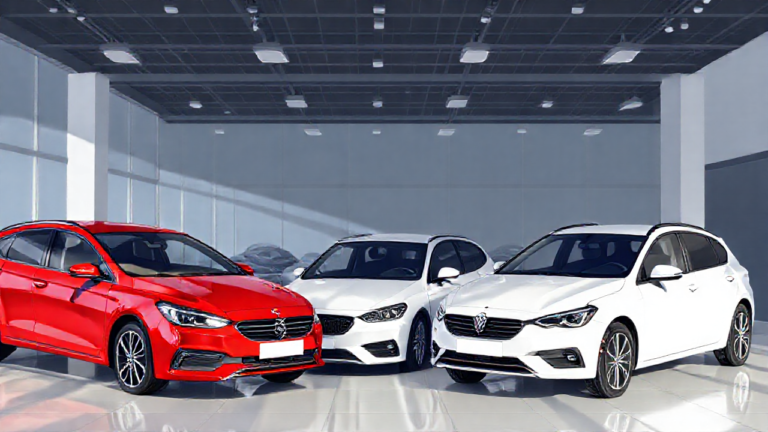 Imagem ilustrativa de carros seminovos em um showroom, destacando opções de financiamento