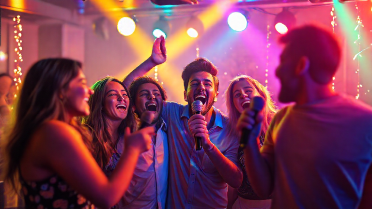 Grupo de amigos cantando e se divertindo em um karaokê com microfones.