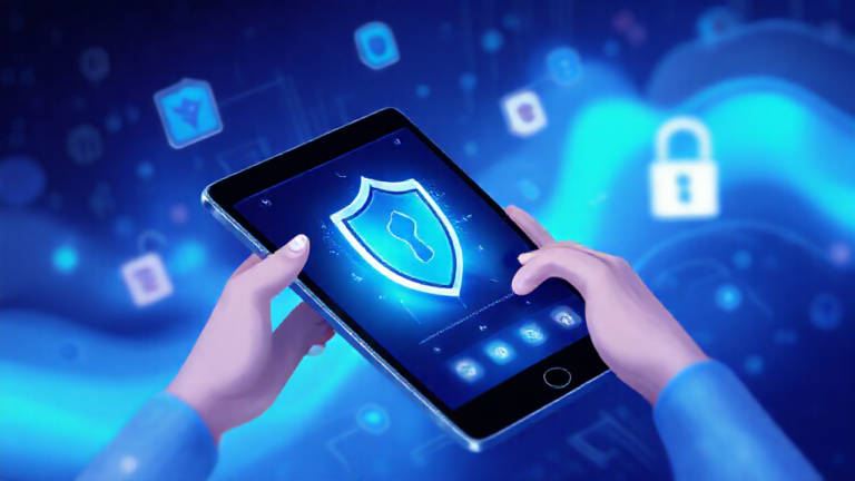 Tela de smartphone mostrando um aplicativo de antivírus em execução, com ícones de segurança e proteção.