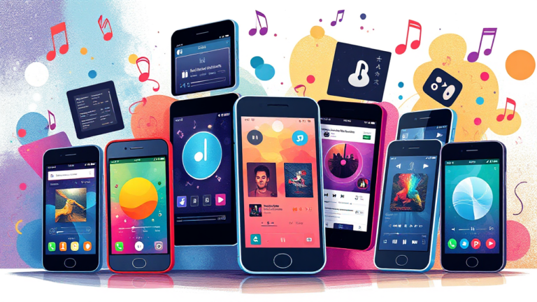 Ilustração com curiosidades sobre aplicativos de música em celulares Android e iOS.