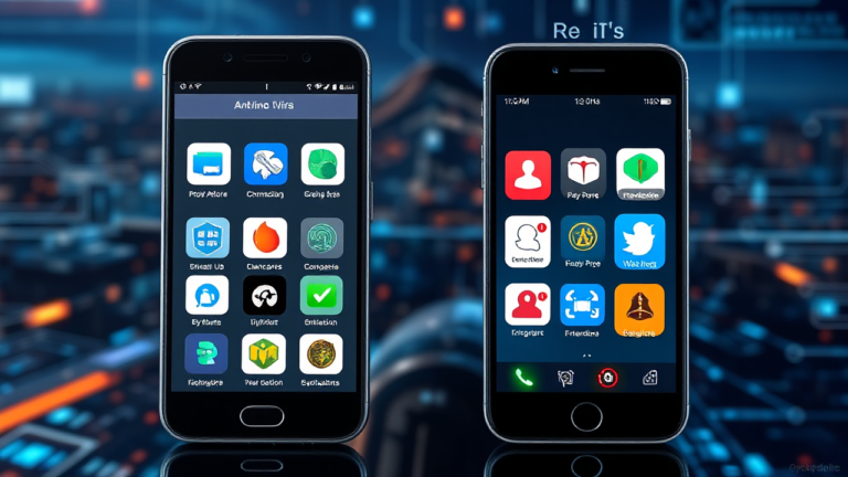 Imagem ilustrativa de aplicativos de antivírus disponíveis na Play Store e App Store.