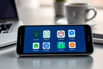 Imagem ilustrativa mostrando aplicativos de antivírus disponíveis na Play Store e App Store, destacando suas funcionalidades e benefícios para proteção móvel.