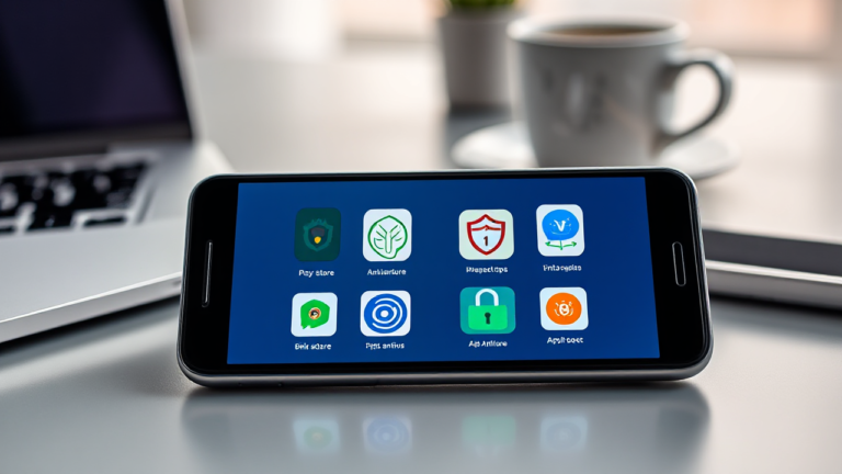 Imagem ilustrativa mostrando aplicativos de antivírus disponíveis na Play Store e App Store, destacando suas funcionalidades e benefícios para proteção móvel.