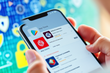 Imagem ilustrativa de aplicativos de antivírus para PlayStore e AppStore.