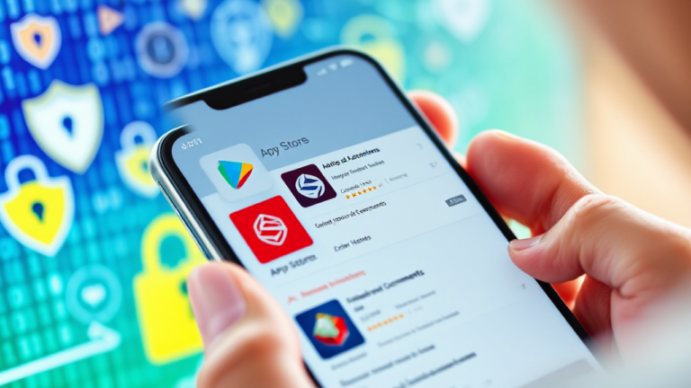 Imagem ilustrativa de aplicativos de antivírus para PlayStore e AppStore.