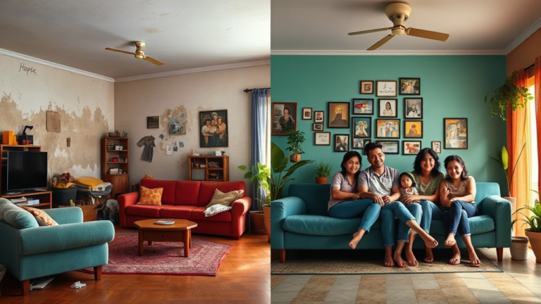 A transformação de lares com o programa Lar Doce Lar de Luciano Huck, mostrando ambientes acolhedores e felizes.