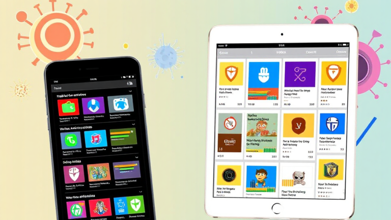 Imagem representativa de aplicativos de antivírus gratuitos disponíveis na Play Store e na App Store.
