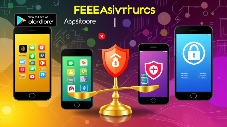 Imagem ilustrativa de aplicativos de antivírus disponíveis na Play Store e App Store para Android e iOS.