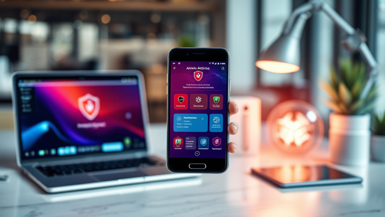 Imagem ilustrativa de aplicativos de antivírus gratuitos disponíveis na Play Store e App Store.