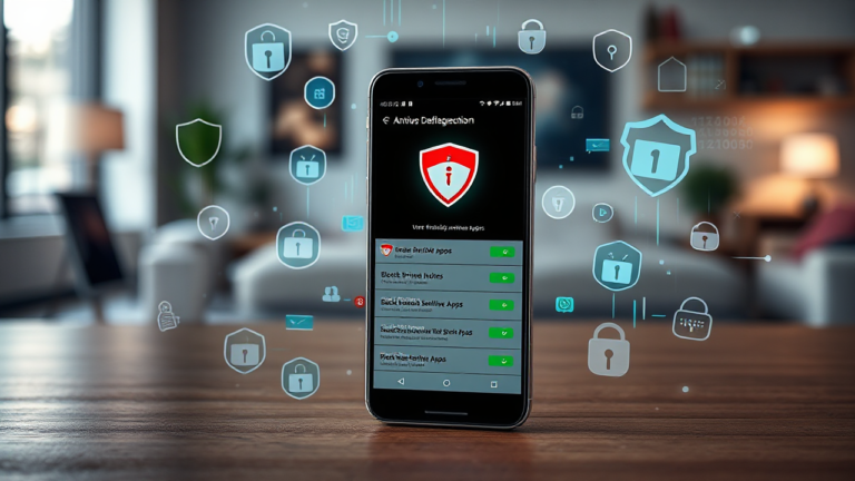 Imagem ilustrativa de um aplicativo de antivírus para smartphones Android e iOS, destacando a proteção contra apps maliciosos.