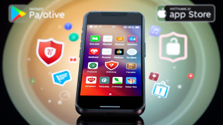 Imagem ilustrativa de aplicativos de antivírus gratuitos disponíveis na Play Store e App Store para dispositivos Android e iOS.