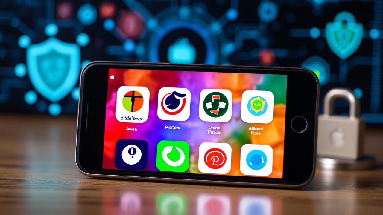 Imagem de aplicativos de antivírus gratuitos disponíveis na PlayStore e AppStore para proteção de dispositivos Android e iOS.