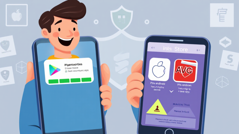 Imagem ilustrativa de antivírus gratuitos disponíveis na Play Store e App Store para dispositivos Android e iOS.