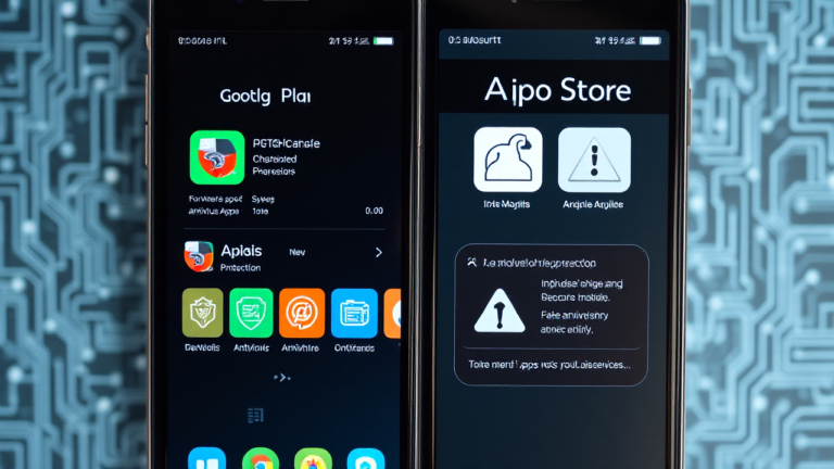 Imagem ilustrativa de aplicativos de antivírus gratuito disponíveis na Play Store e App Store, focando na proteção para dispositivos Android e iOS.