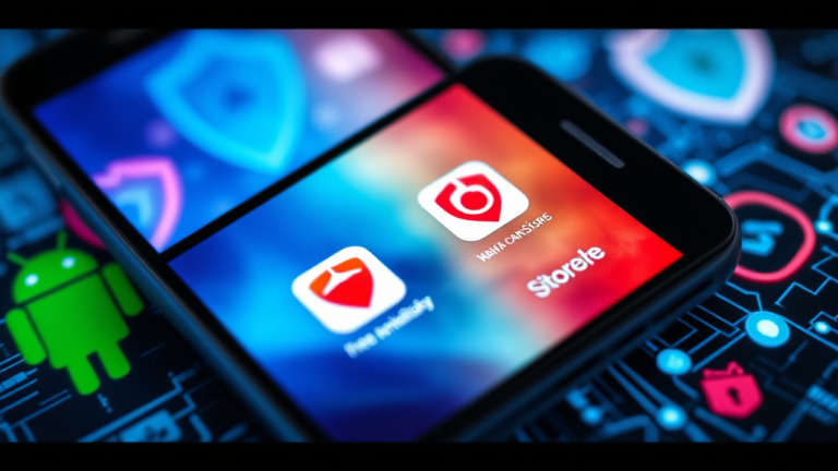 Imagem ilustrativa de aplicativos de antivírus gratuitos disponíveis na PlayStore e AppStore para dispositivos móveis.