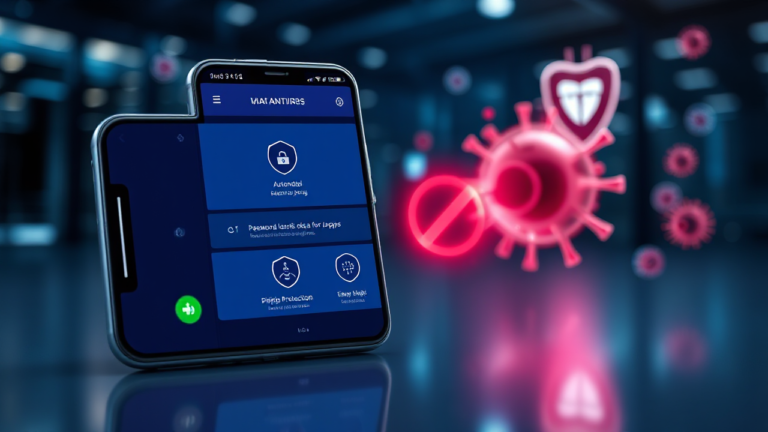 Imagem ilustrativa de um aplicativo antivírus bloqueando ameaças no celular.