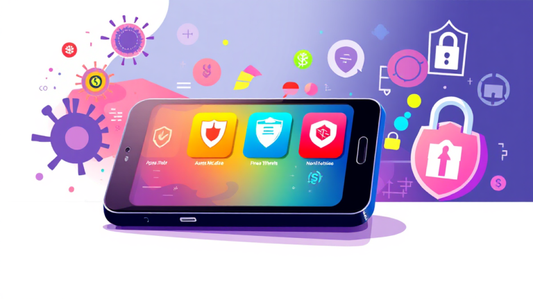 Imagem ilustrativa de aplicativos antivírus gratuitos disponíveis na Play Store e App Store, destacando opções para Android e iOS.