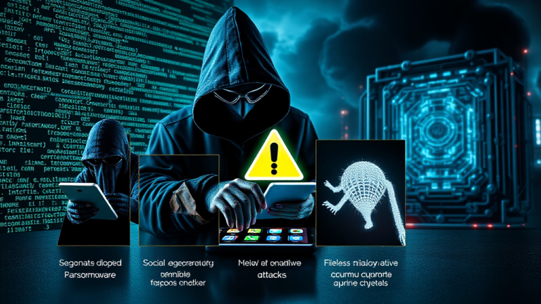 Ilustração de smartphones exibindo ícones de segurança digital e ameaças cibernéticas.