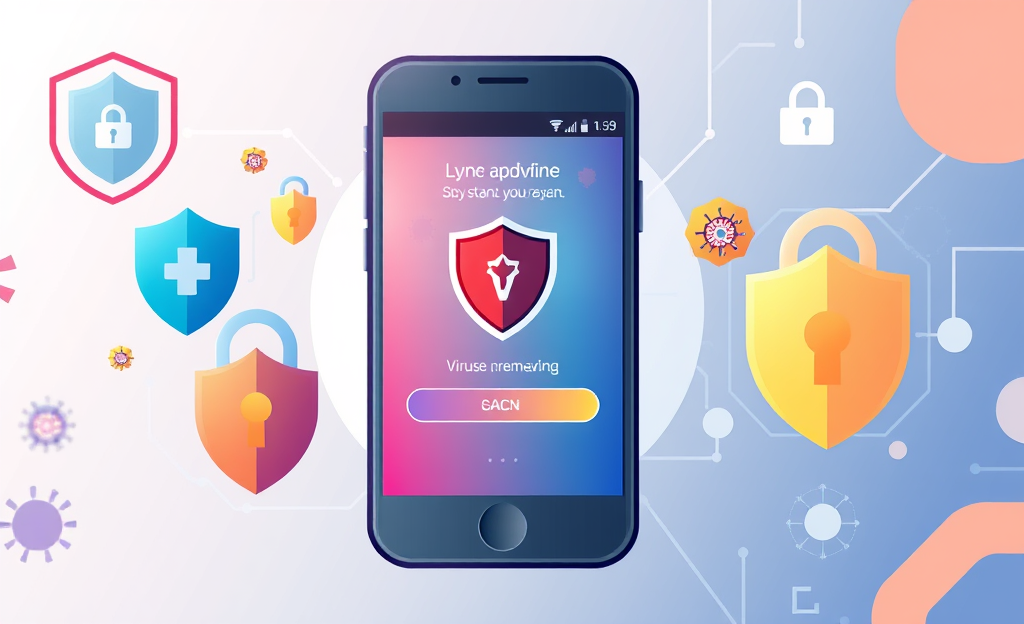 Aplicativo para remover vírus do celular exibindo interface de escaneamento e proteção.