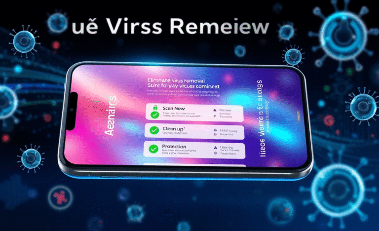 Imagem de um celular sendo protegido por um aplicativo de segurança contra vírus.