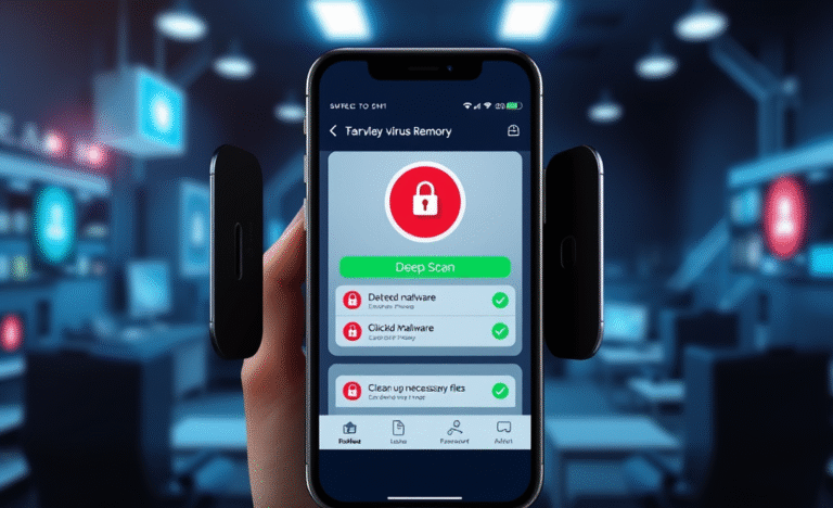 Imagem de um celular mostrando o aplicativo para remover vírus, destacando a proteção e limpeza do dispositivo.