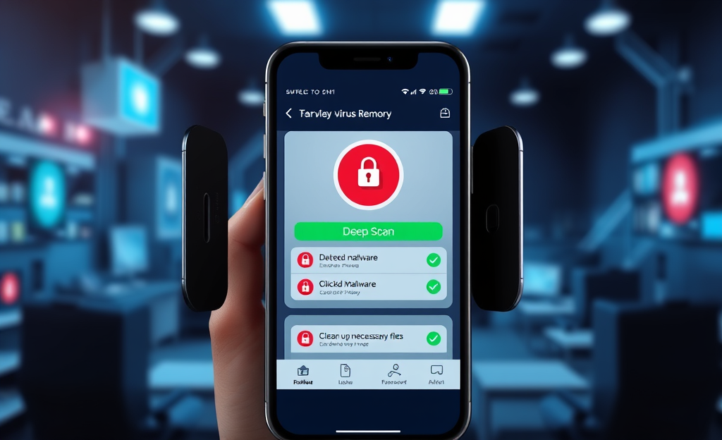 Imagem de um celular mostrando o aplicativo para remover vírus, destacando a proteção e limpeza do dispositivo.