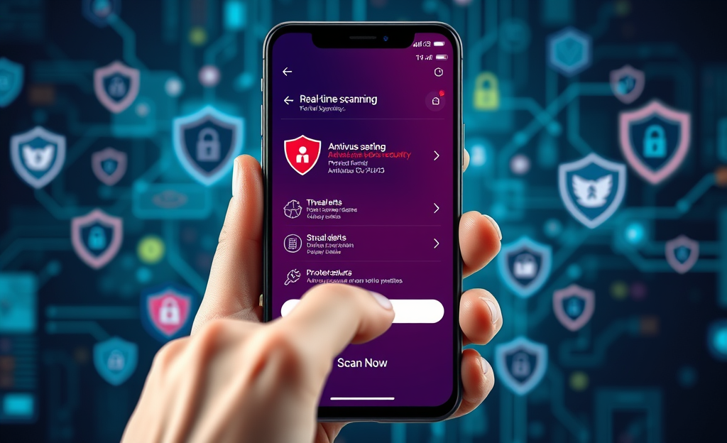 Imagem ilustrativa de aplicativo de segurança para celular, destacando proteção contra vírus.